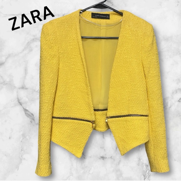 Zara Jackets & Blazers - ZARA WOMAN Yellow Textured Open Front Blazer Jacket with Gold Hardware Size M